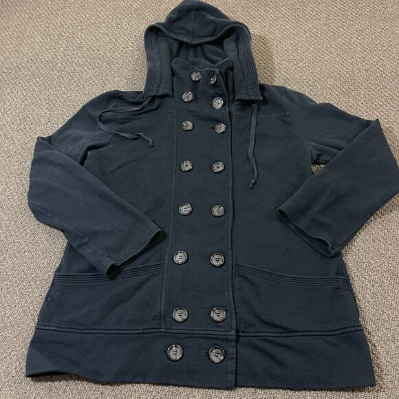 Lucky Brand Pea Coat Hoodie Womens Large Black Double Breasted Button Up Jacket